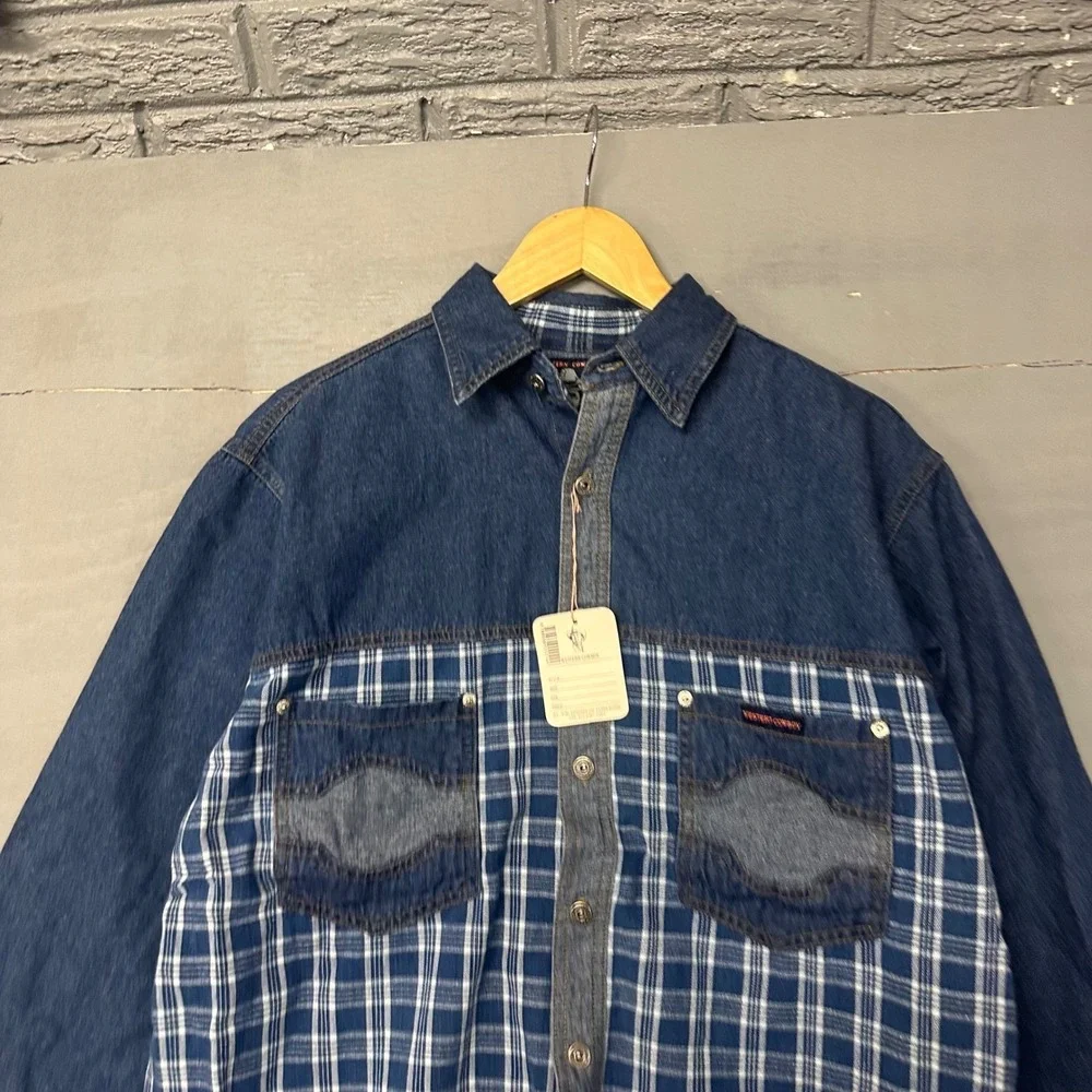 Western Cowboy Mens Blue Denim Plaid Mixed Media Button Down‎ Shirt Medium NWT